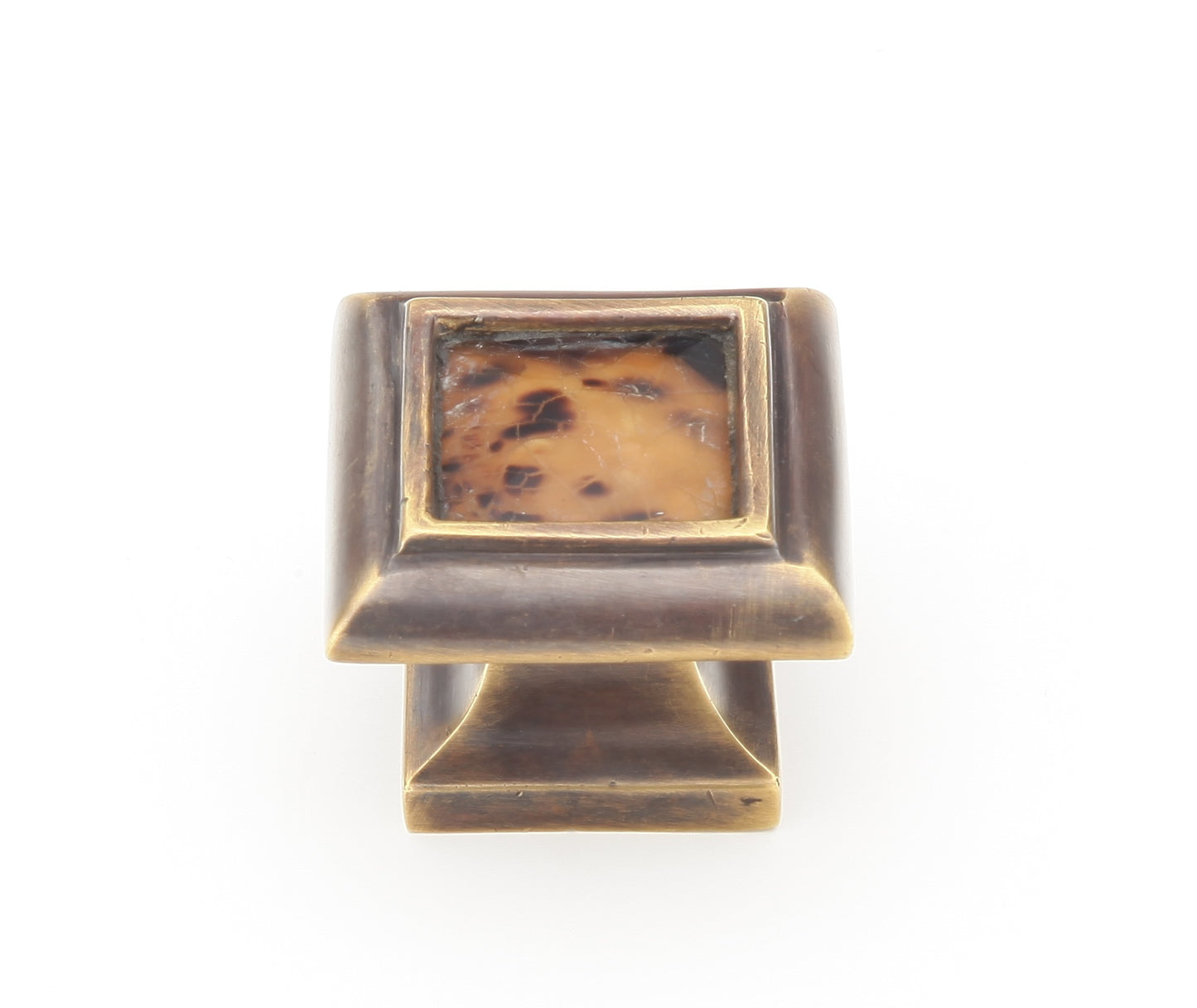 Schaub Tiger Penshell Square Knob with Tiger Penshell Inlay and Dark Antique Bronze 1-1/4" Imperial Shell and Penshell inlaid on Solid Brass