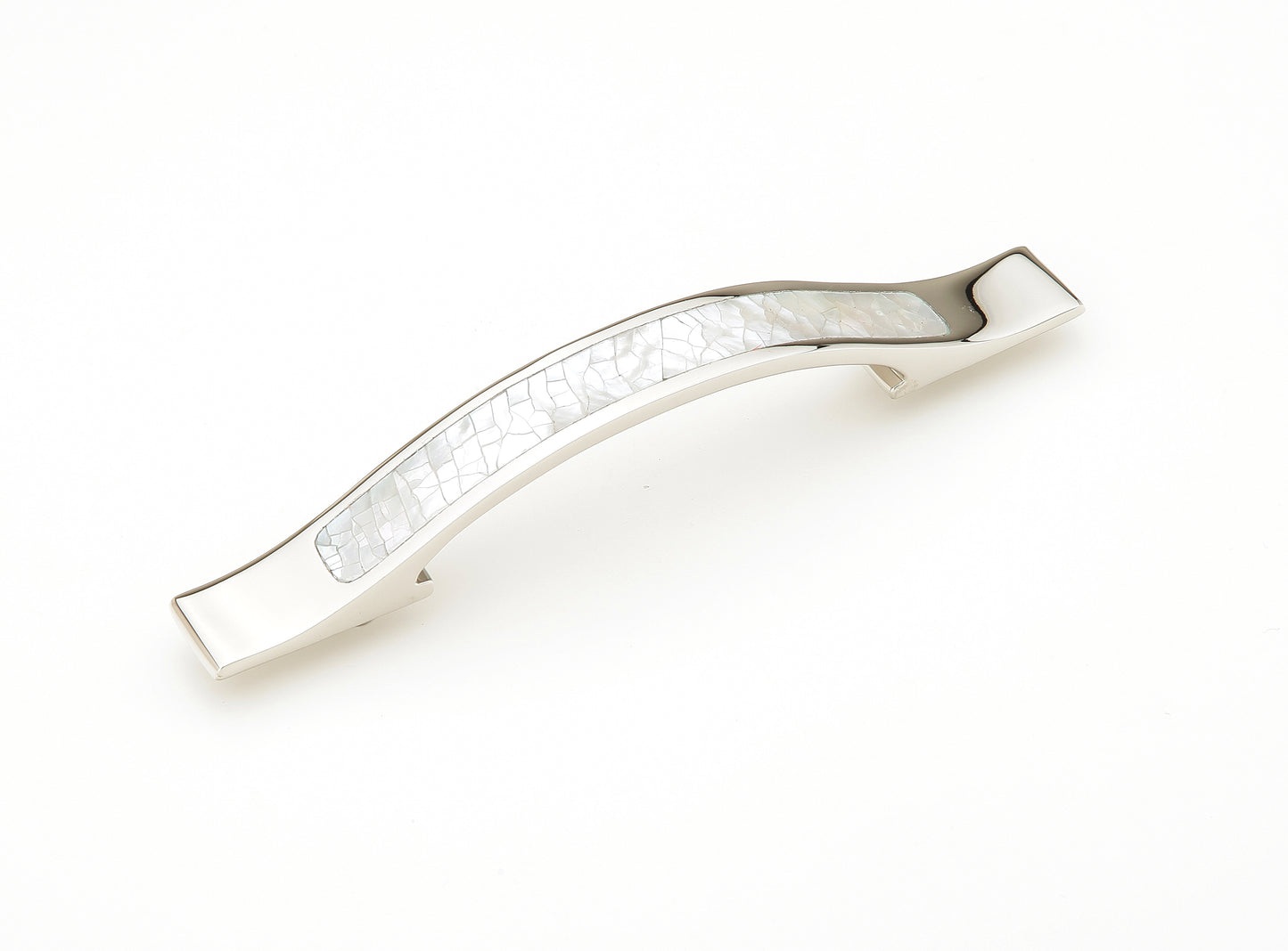 Schaub Mother of Pearl Rectangle Pull 4" cc with White Mother of Pearl inlay on Polished Nickel