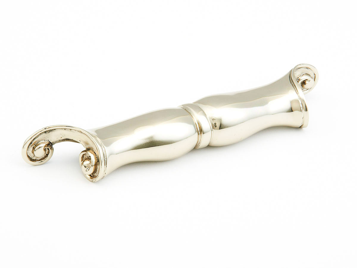 Schaub Solid Brass Scroll Cup Pull in Polished White Brass 6-1/2" cc in Polished White Brass