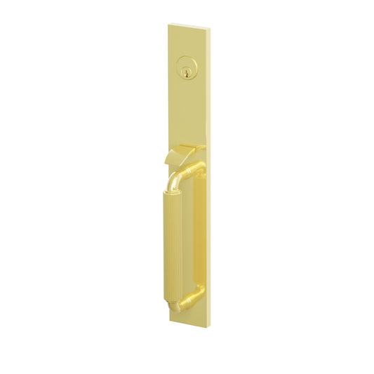 Emtek SELECT R-Bar Straight Knurled Full Length Mortise Entrance Handleset – Unlacquered Brass