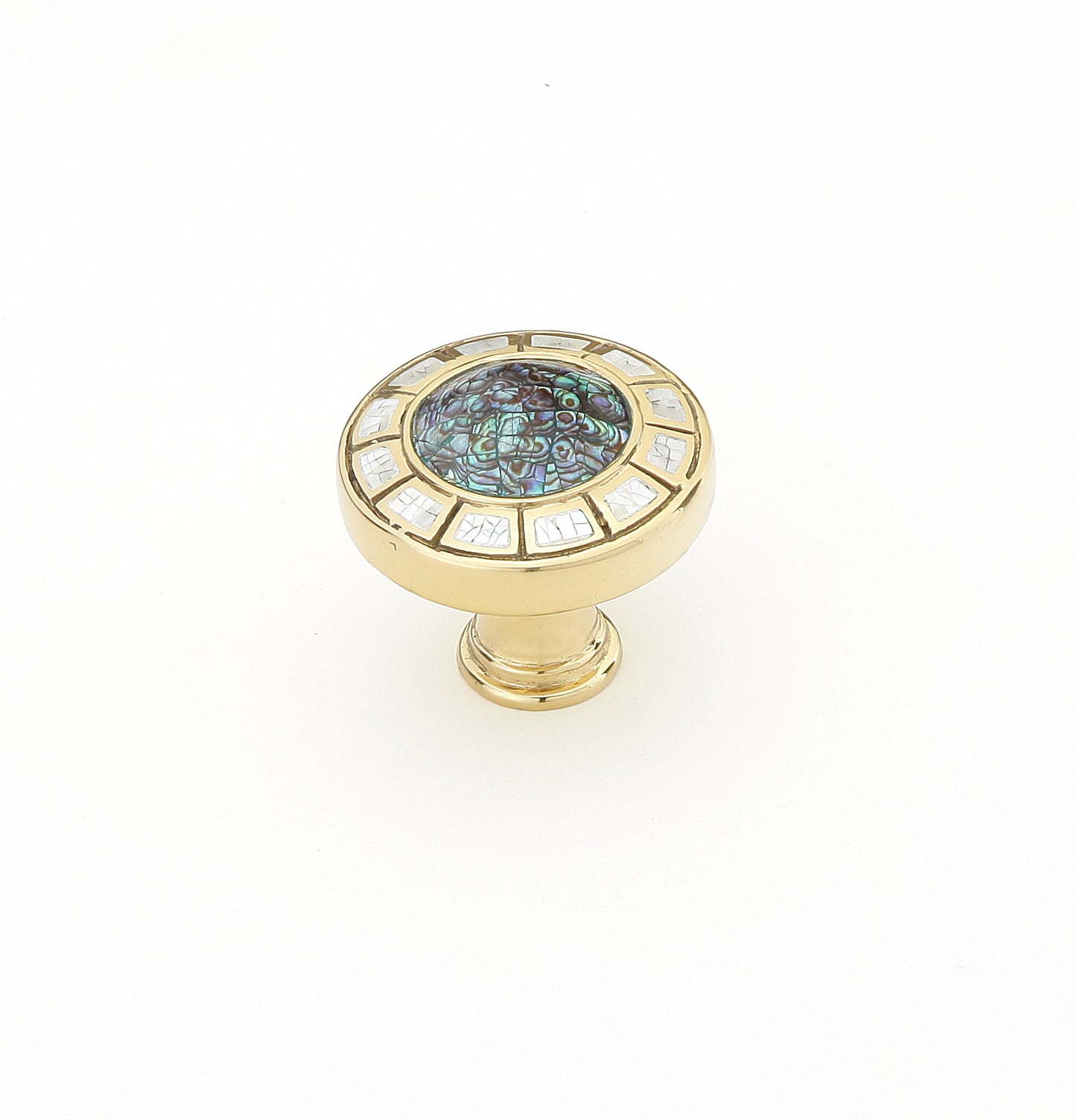 Schaub Fair Isle Round Knob Polished Brass Finish Imperial Shell and Mother of Pearl inlaid on Solid Brass