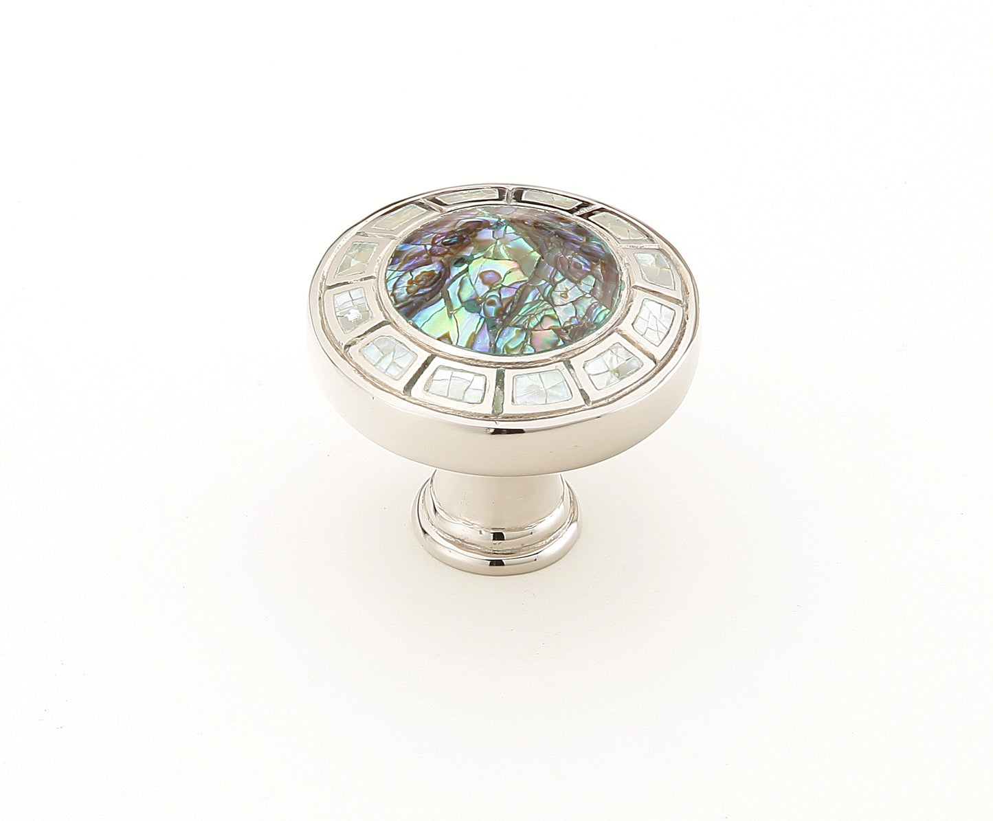 Schaub Fair Isle Round Knob Polished Nickel Finish Imperial Shell and Mother of Pearl inlaid on Solid Brass