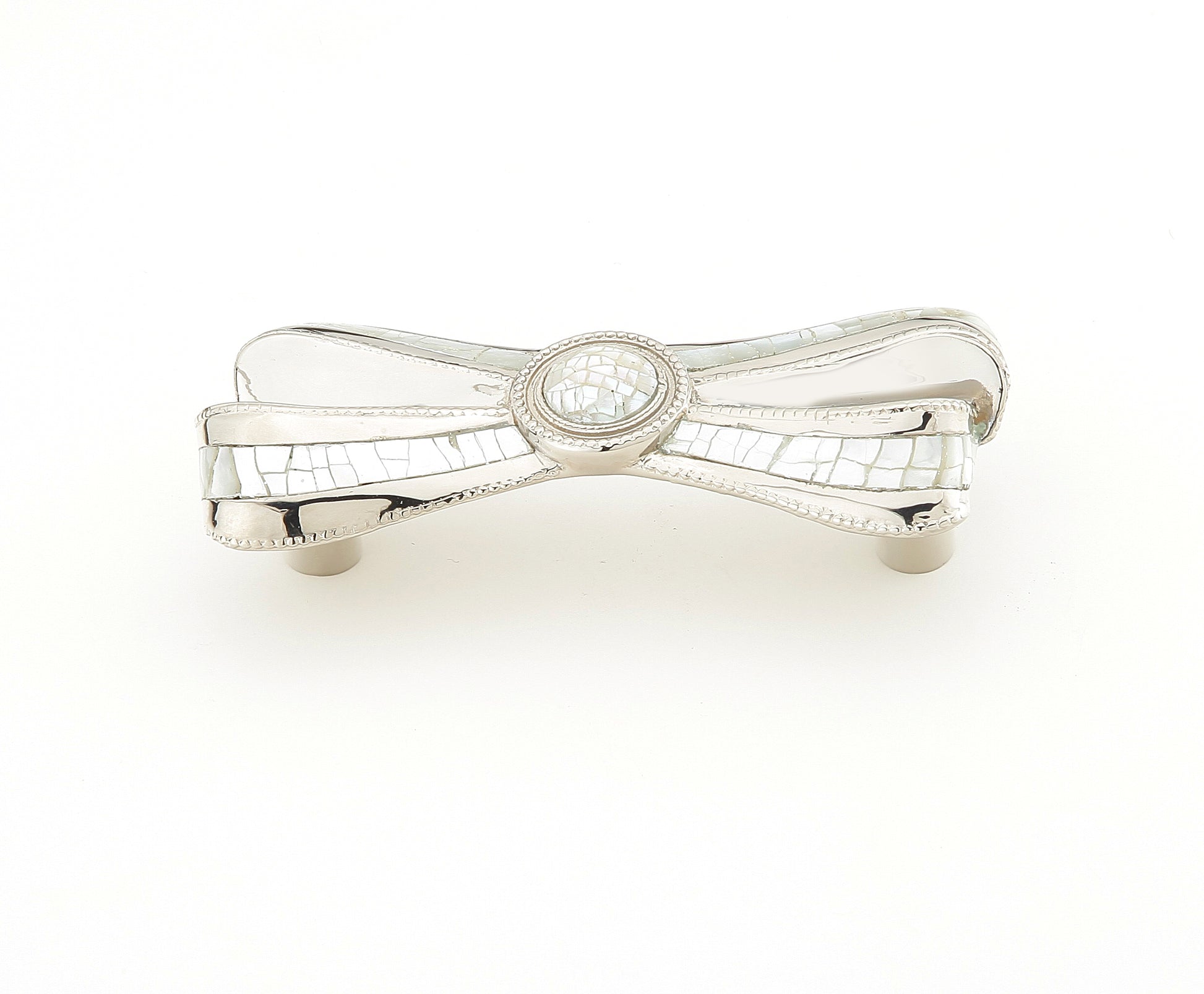 Schaub Avalon Bay Ribbon Bow Pull Polished Nickel Finish White Mother of Pearl inlaid on Solid Brass