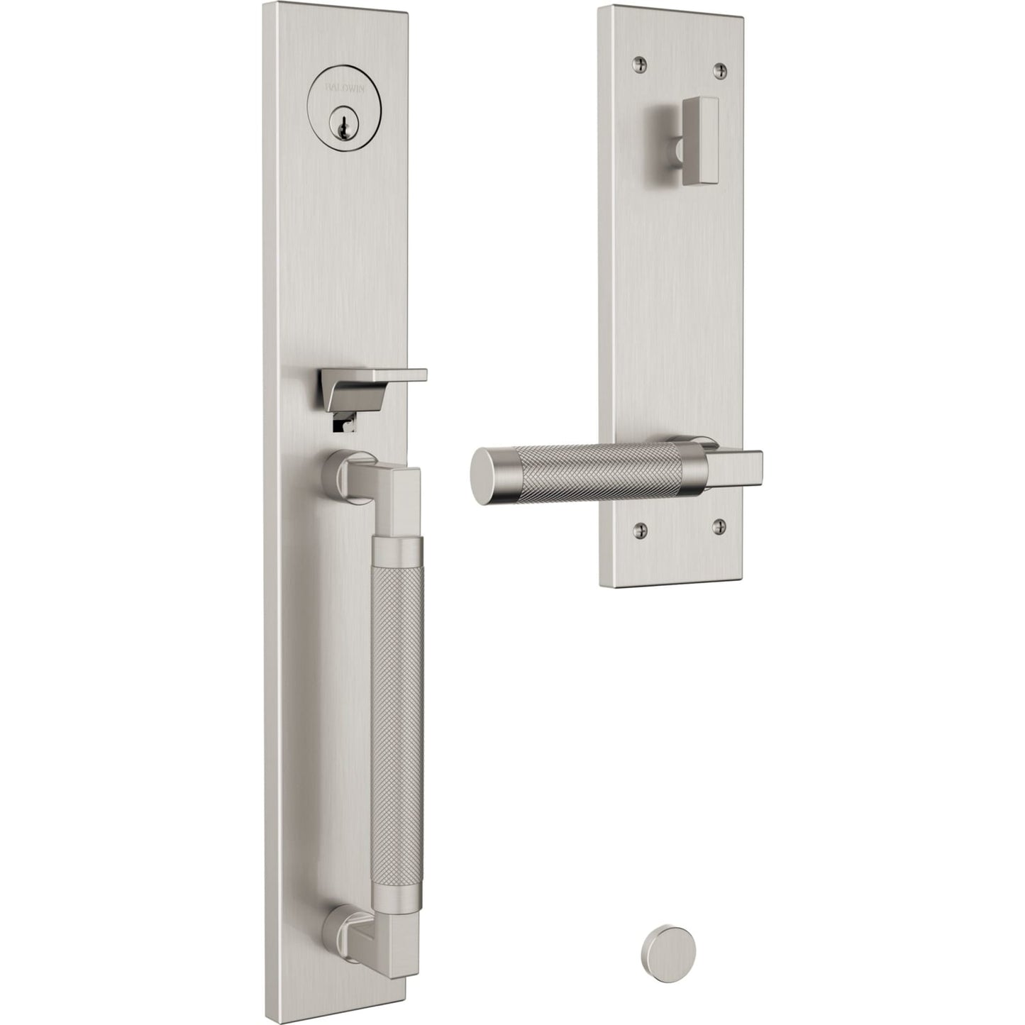 85317 Gramercy Knurled Full Escutcheon Handleset in Lifetime (PVD) Satin Nickel
