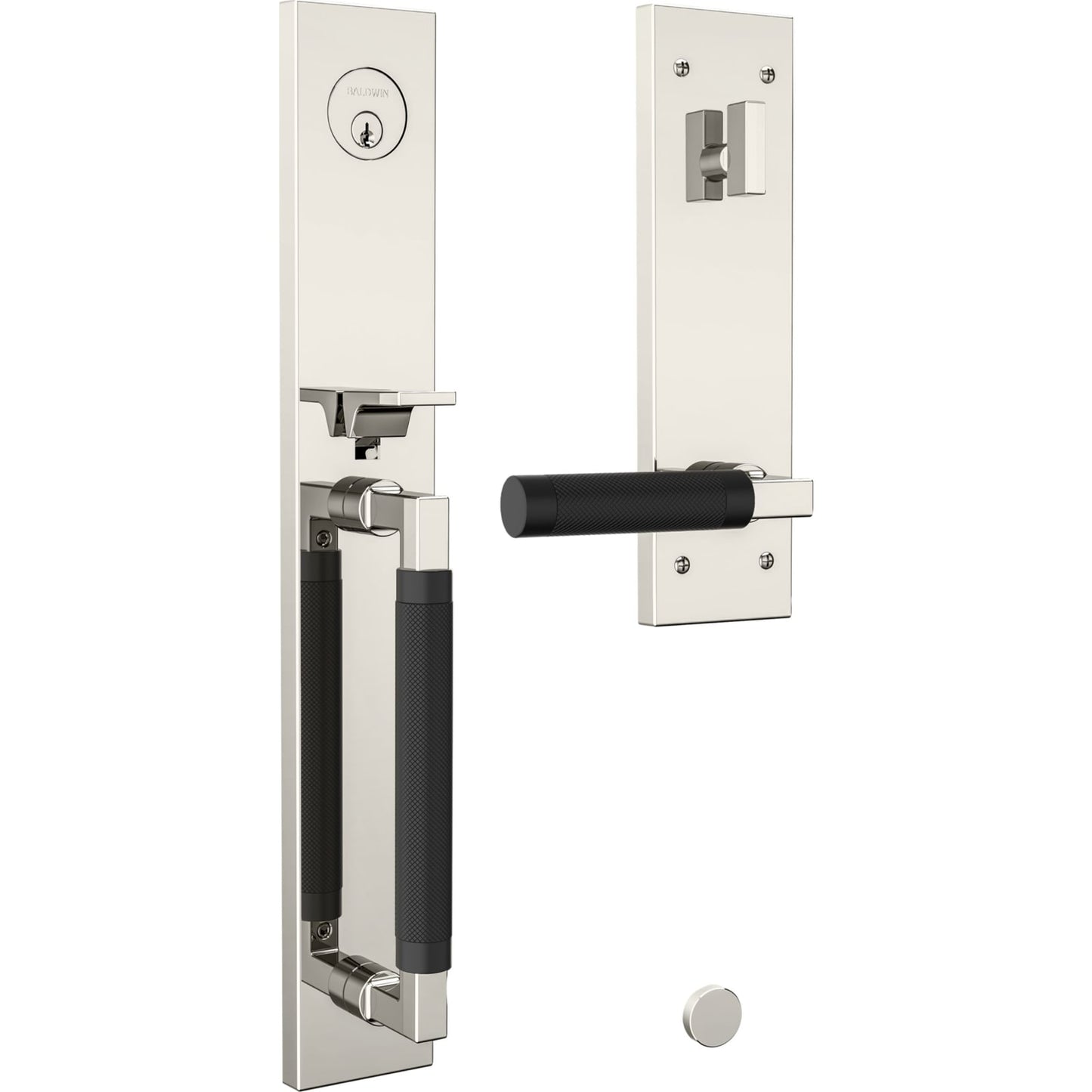 85317 Gramercy Knurled Full Escutcheon Handleset in Polished Nickel Trim / Satin Black Grip