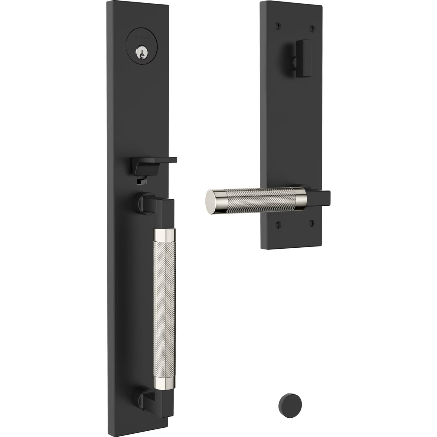 85317 Gramercy Knurled Full Escutcheon Handleset in Satin Black Trim / Polished Nickel Grip