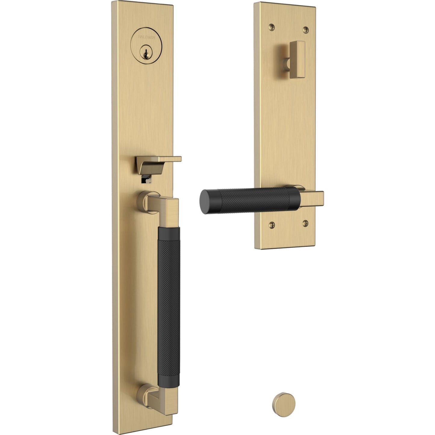 85317 Gramercy Knurled Full Escutcheon Handleset in Satin Brass Trim / Satin Black Grip