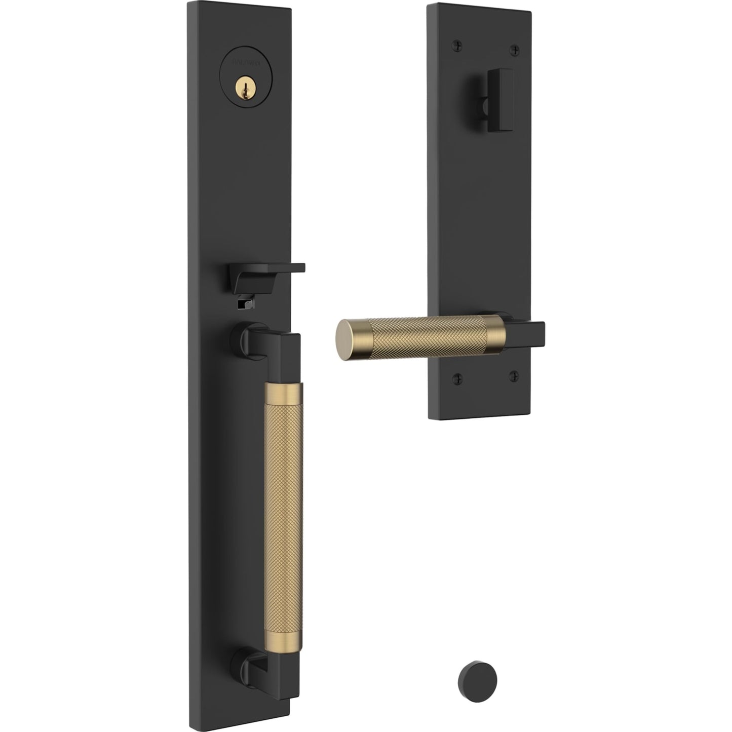 85317 Gramercy Knurled Full Escutcheon Handleset in Satin Black Trim / Satin Brass Grip