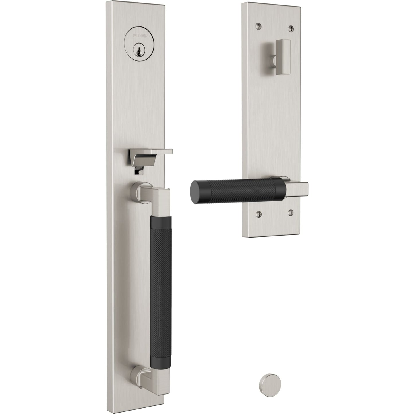 85317 Gramercy Knurled Full Escutcheon Handleset in Satin Nickel Trim / Satin Black Grip
