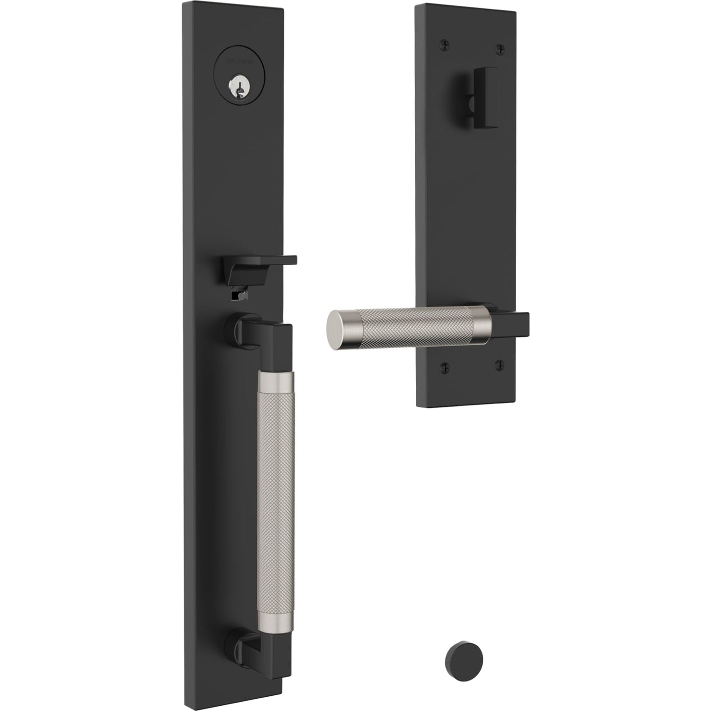 85317 Gramercy Knurled Full Escutcheon Handleset in Satin Black Trim / Satin Nickel Grip