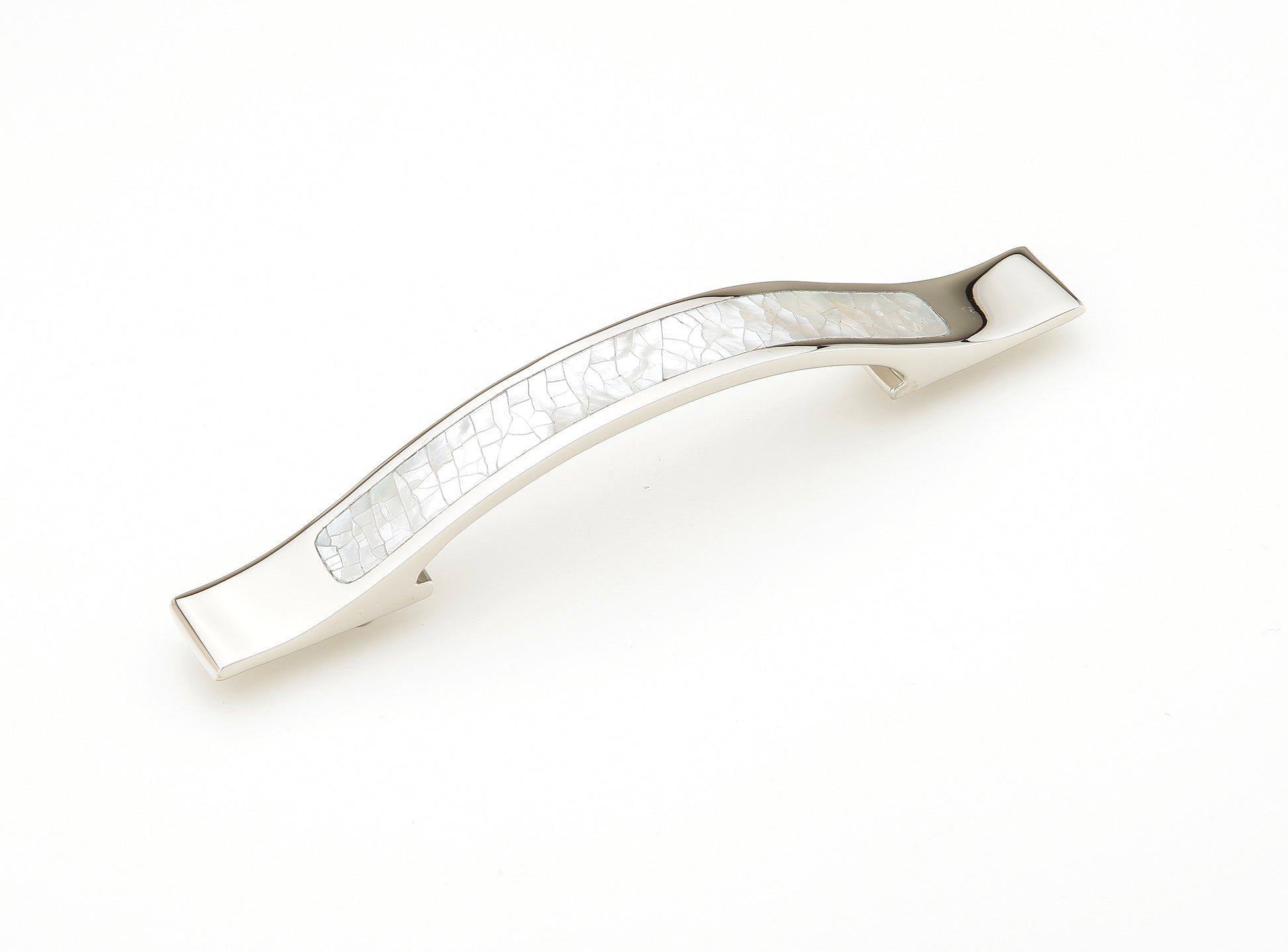 Schaub Mother of Pearl Rectangle Pull  4" cc with White Mother of Pearl inlay on Polished Nickel