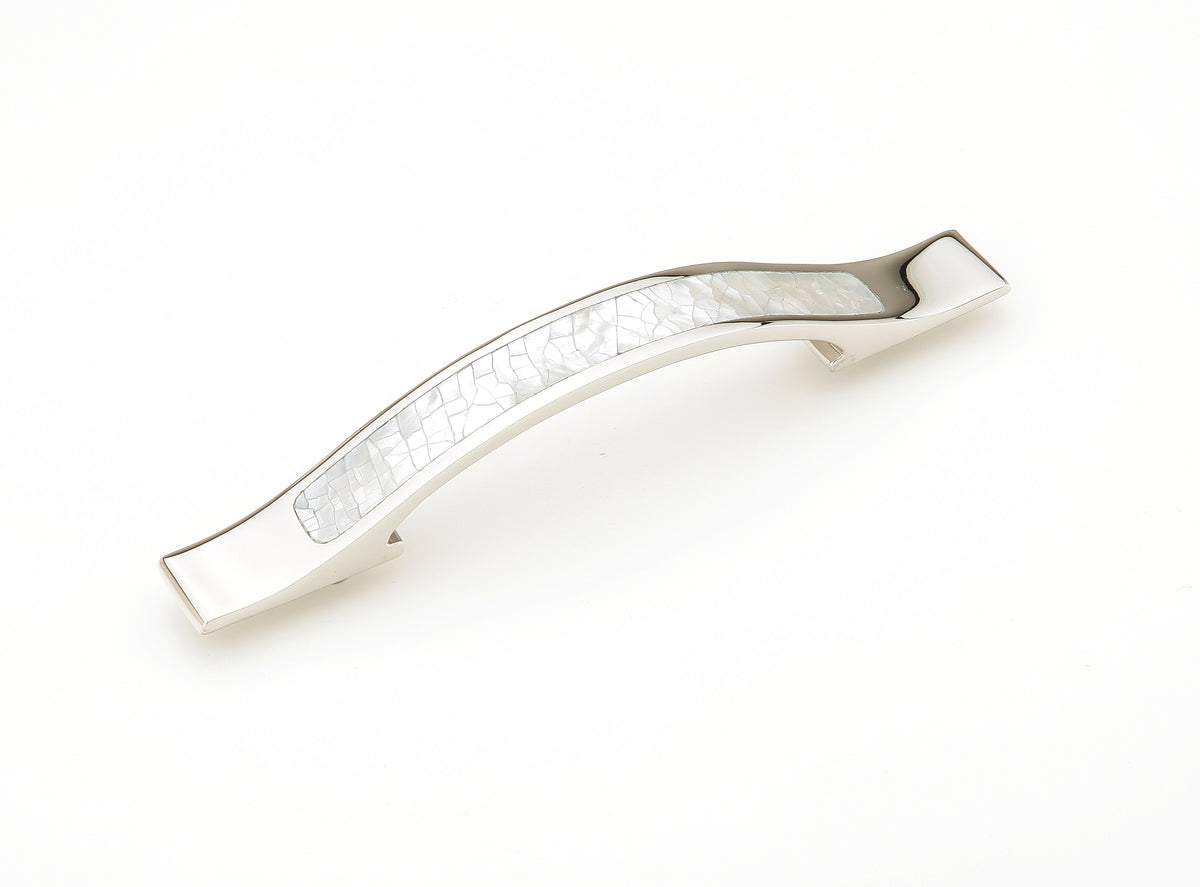 Schaub Mother of Pearl Rectangle Pull 4" with White Mother of Pearl inlay on Polished Nickel Polished Nickel