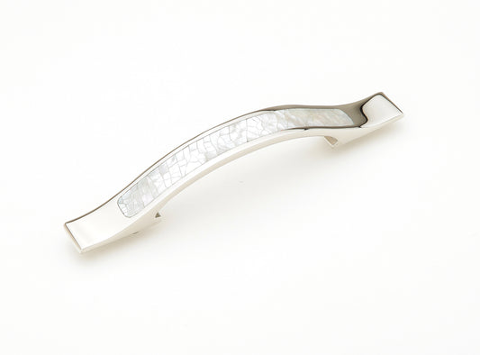 Schaub Mother of Pearl Rectangle Pull 4" with White Mother of Pearl inlay on Polished Nickel Polished Nickel