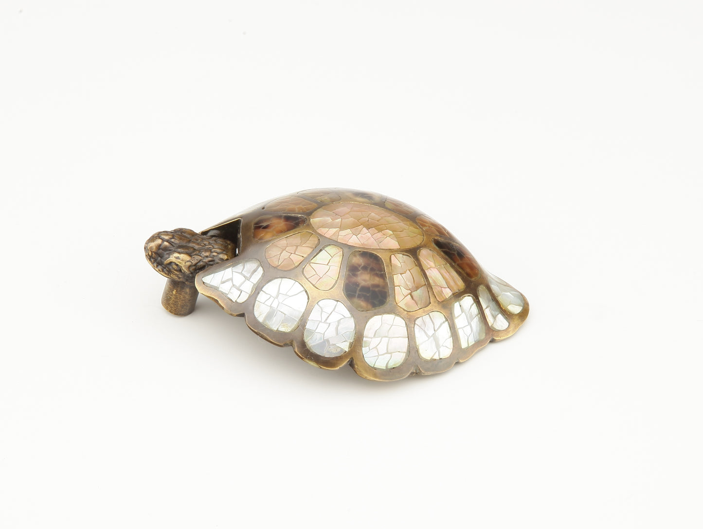 Schaub Nature Solid Brass Turtle Pendant Pull with white Mother of Pearl and Tiger Penshell inlay  2-3/8" x 3-1/2" overall