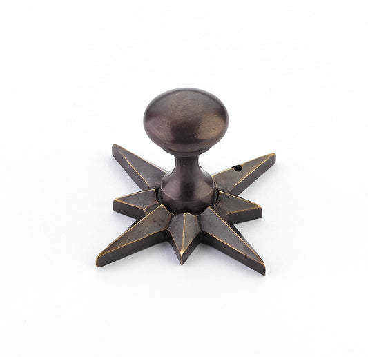 Schaub Brass Knob w/ Star Backplate in Dark Antique Bronze 3/4" dia x 2" backplate