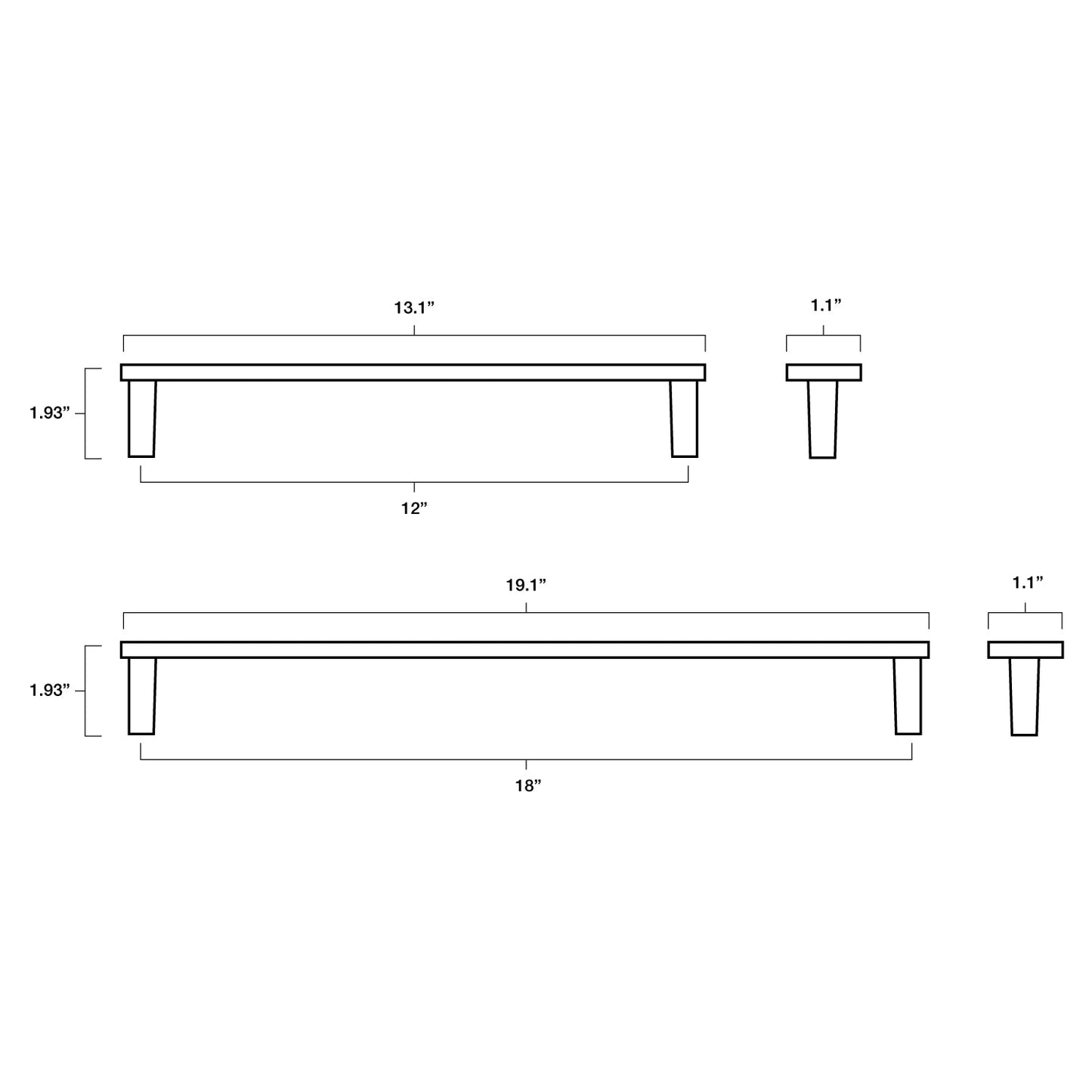 Tech specs with dimensions of Hapny Horizon Appliance Pull in 12" and 18" center to center sizes for all finishes
