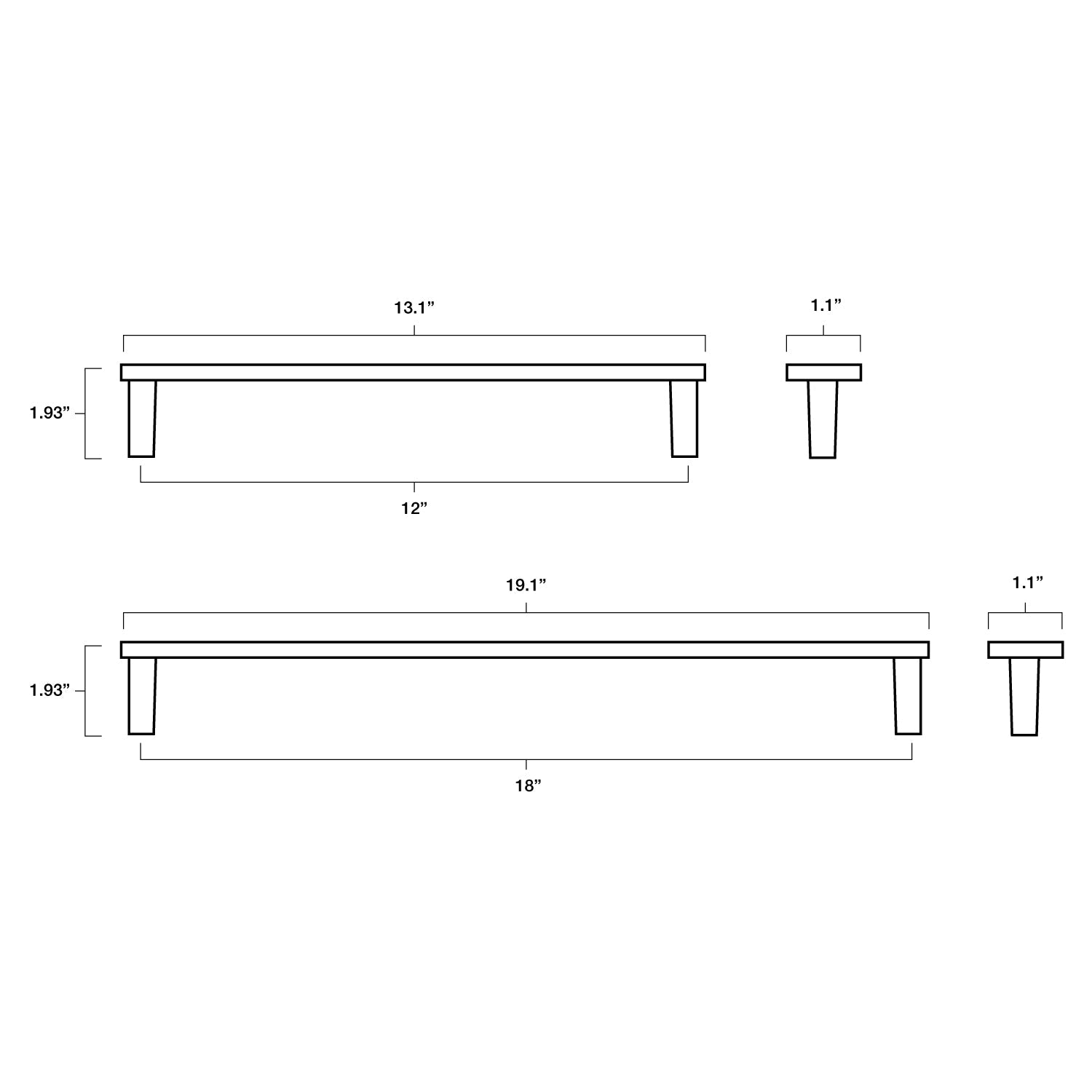 Tech specs with dimensions of Hapny Horizon Appliance Pull in 12" and 18" center to center sizes for all finishes