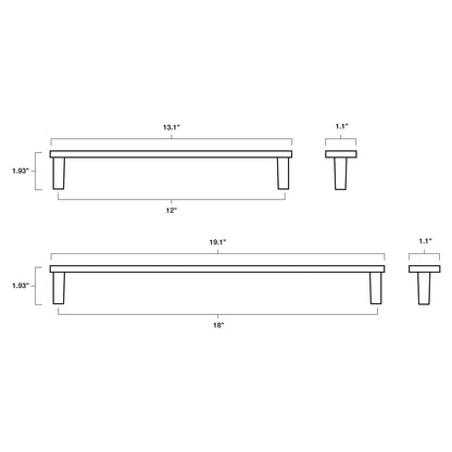 Tech specs with dimensions of Hapny Horizon Appliance Pull in 12" and 18" center to center sizes for all finishes