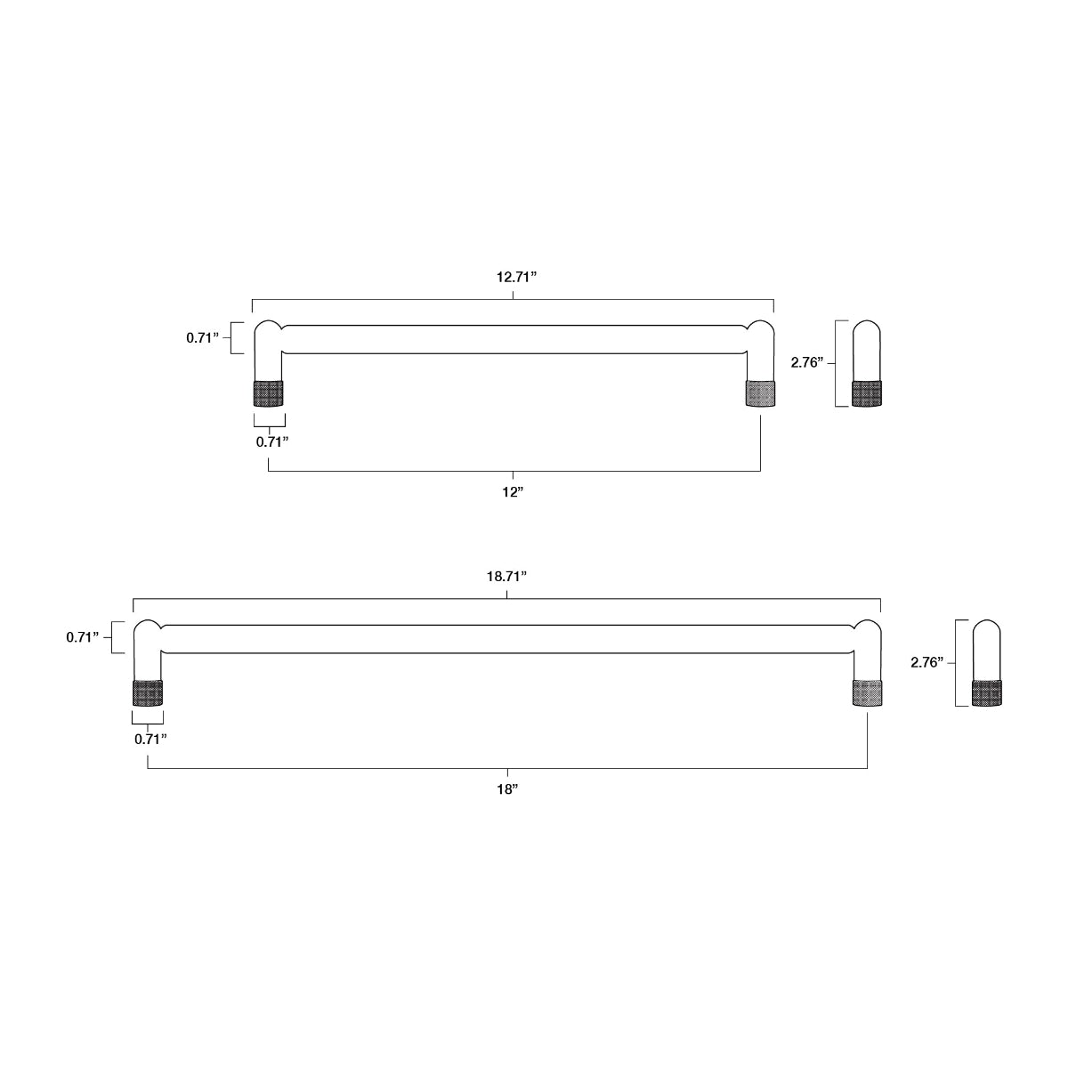 technical drawings with dimensions of knurled appliance pulls in 12" and 18" center to center
