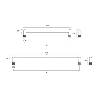 technical drawings with dimensions of knurled appliance pulls in 12" and 18" center to center