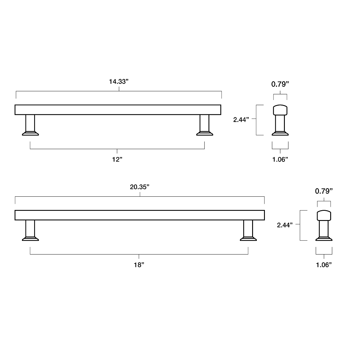 Tech spec dimensional drawing of two Mod appliance pulls in 12" and 18" center to center sizes