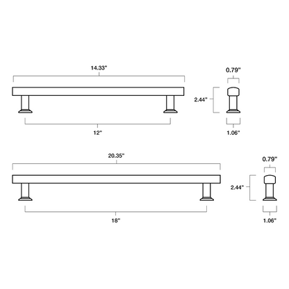 Tech spec dimensional drawing of two Mod appliance pulls in 12" and 18" center to center sizes
