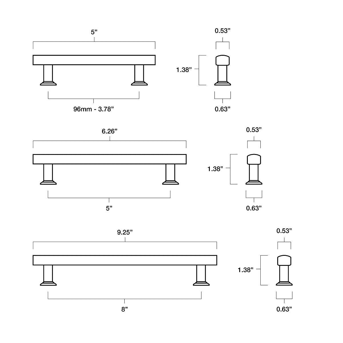 dimensional drawings of three sizes of mod cabinet pull