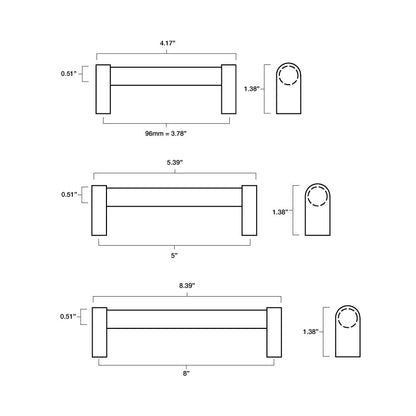 Tech specs with dimensions for Hapny Clarity Cabinet Pull in 96mm, 5" and 8" center to center sizes for all finishes