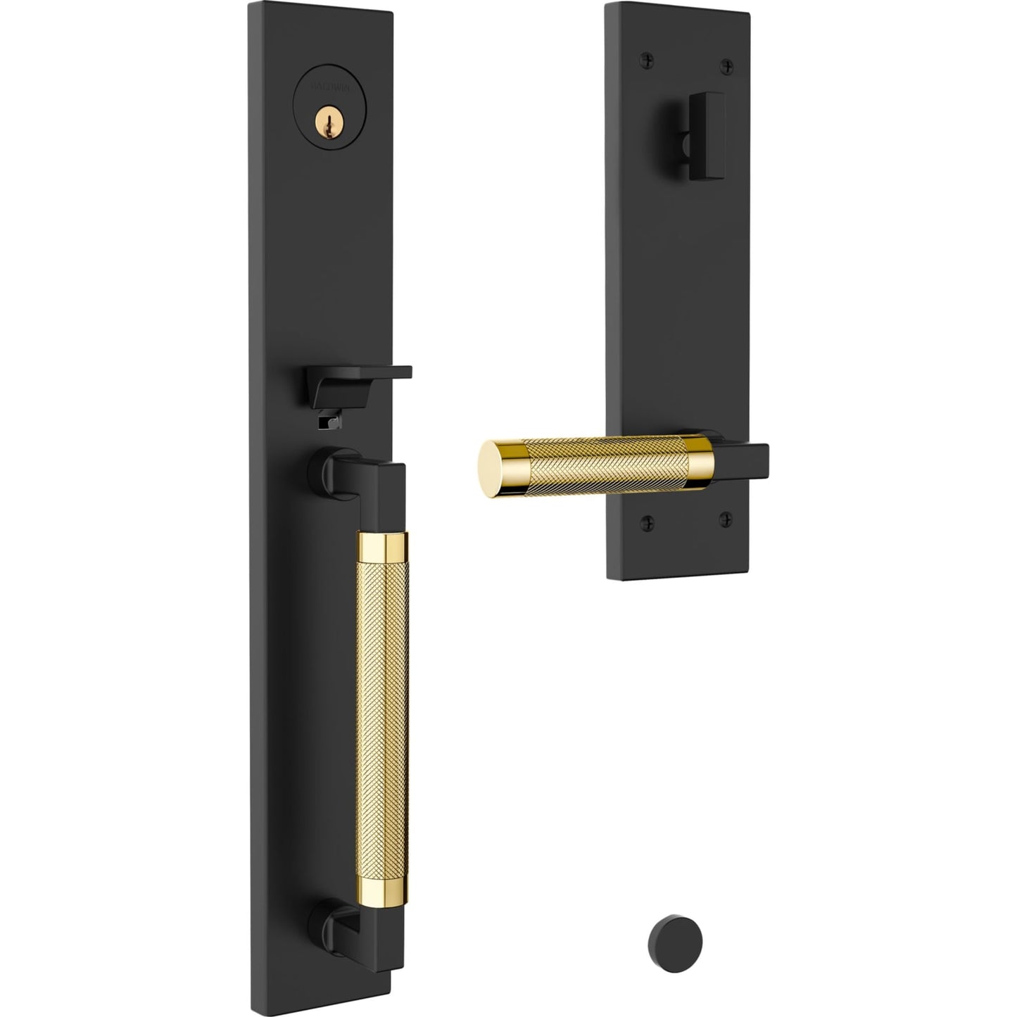 85317 Gramercy Knurled Full Escutcheon Handleset in Satin Black Trim / Non-lacquered Brass Grip