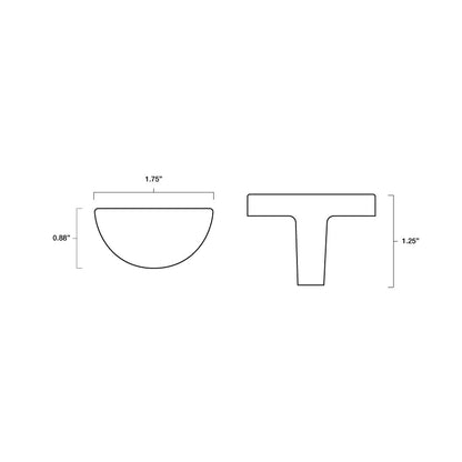 Tech specs with dimensions for Hapny Half Moon Knob in all finishes