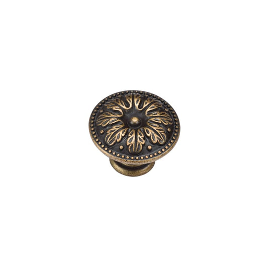 Ashley Norton Floral Round Cabinet Knob - 1 3/8" Dia. - Distressed Brass